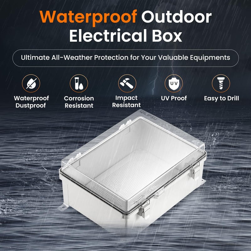 QILIPSU Outdoor WiFi Enclosure, 14.6"x10.6"x5.9" Waterproof Electrical Junction Box IP67 Clear ABS Plastic Weatherproof for Network Projects Router Control - Image 2